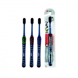 Зубная щетка "Navi" со сверхтонкими щетинками двойной высоты и прозрачной прорезиненной ручкой (с древесным углем, средней жесткости)  