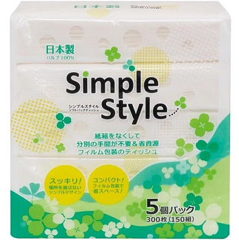 Двухслойные бумажные салфетки "Simple Style" (произведены на воде с горы Фудзи), 150 шт. х 5 пачек 
