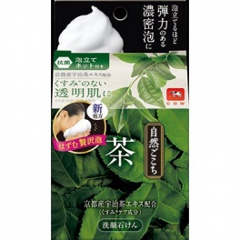 Очищающее мыло для лица с экстрактом зелёного чая, растительной плацентой, гиалуроновой кислотой и коллагеном "Shizen Gokochi" (с мочалкой) 80 г кусок