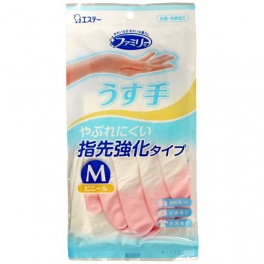 Виниловые перчатки "Family" (тонкие, без внутреннего покрытия с  уплотнением на кончиках пальцев), М (бело-розовые) 1 пара
