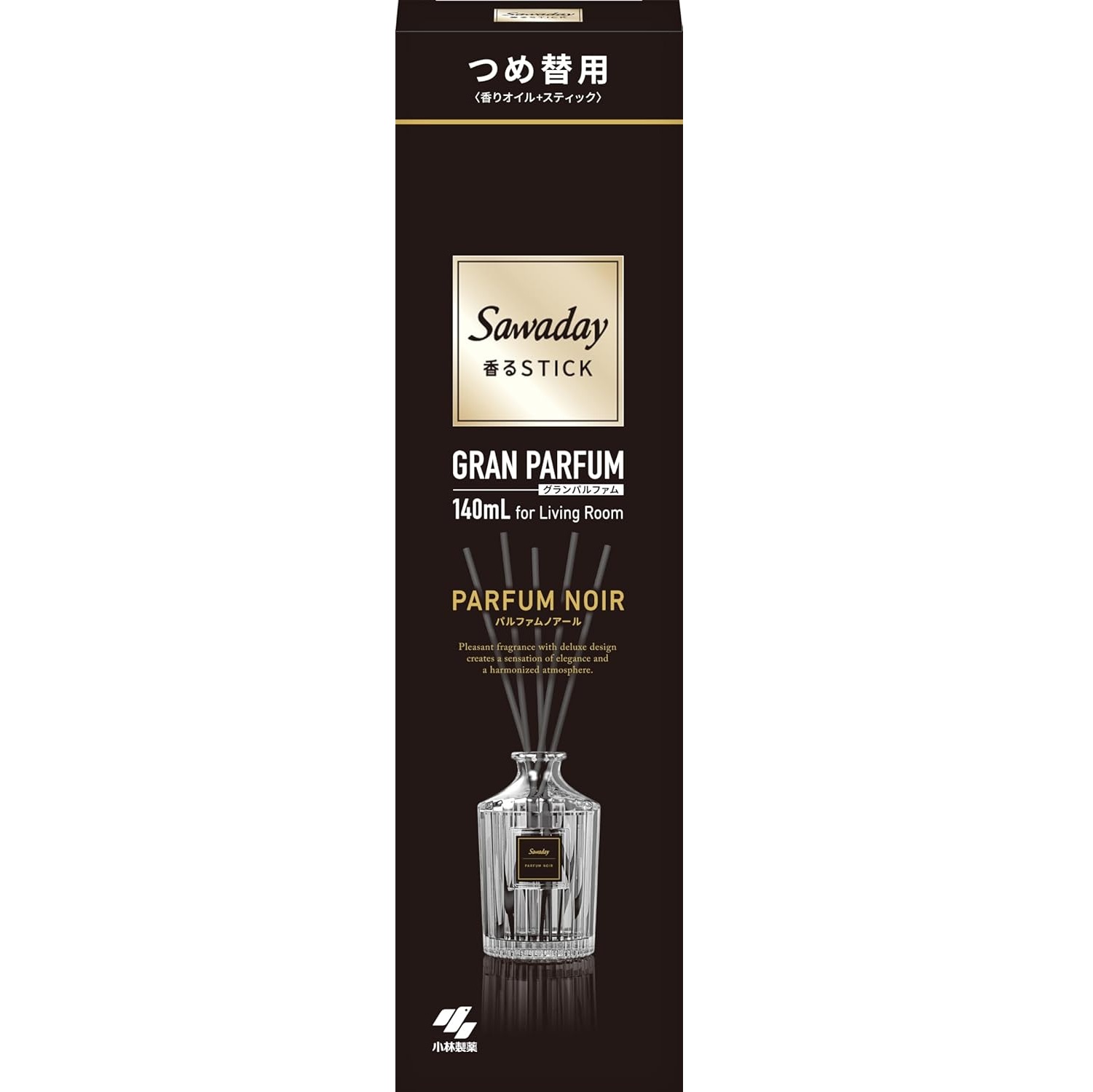 Ароматический диффузор для дома с палочками "Kobayashi GRAN PARFUM NOIR" «Parfum Noir» (без рифлёного флакона / 2 наполнителя + палочки) 140 мл 