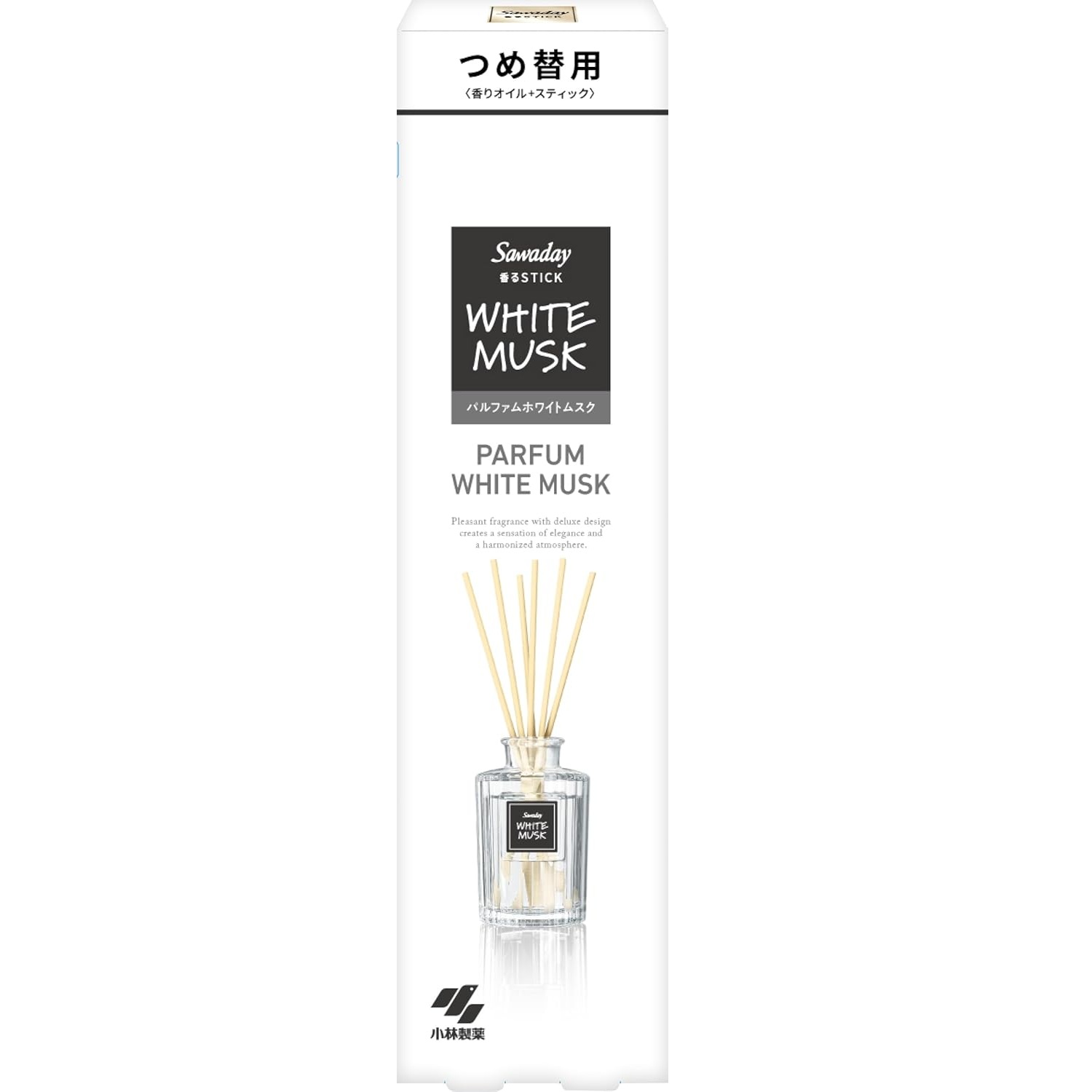 Ароматический диффузор для дома с палочками "Kobayashi PARFUM WHITE MUSK" «Мускус» (без рифлёного флакона / наполнитель + палочки) 70 мл 