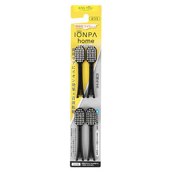 ШИРОКИЕ сменные головки "Ionpa Home" с двухуровневой щетиной и антибактериальным эффектом для ультразвуковой ионной зубной щётки (средняя жёсткость), 4 шт. чёрные 