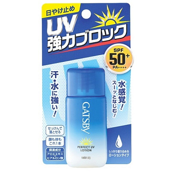 Мужской солнцезащитный увлажняющий лосьон "Gatsby Perfect UV Lotion" для лица и тела с гиалуроновой кислотой и экстрактом Алоэ Вера (SPF 50+/PA++++) 30 мл